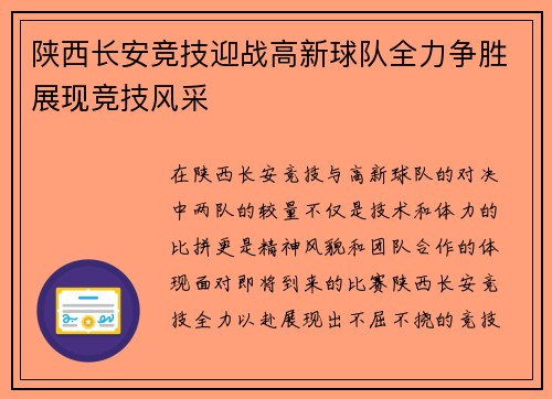 陕西长安竞技迎战高新球队全力争胜展现竞技风采