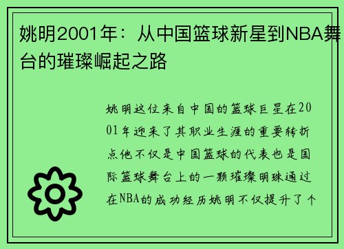 姚明2001年：从中国篮球新星到NBA舞台的璀璨崛起之路