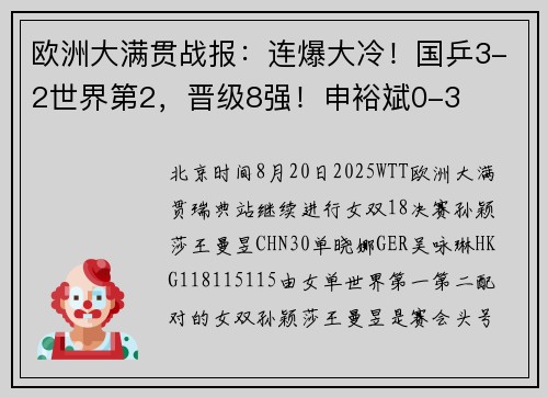 欧洲大满贯战报：连爆大冷！国乒3-2世界第2，晋级8强！申裕斌0-3